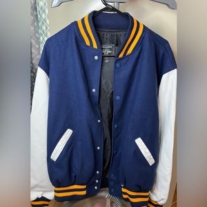 Holloway Navy Blue & White Leather & Wool Letterman Varsity Jacket